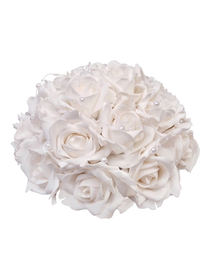 Rožu pušķis ar pērlēm, balts, 30 cm