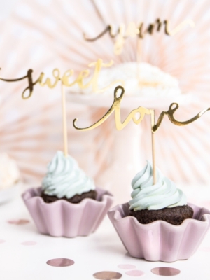 6 pcs, Cupcake toppers Love, Sweet, Yum, gold, 13 cm