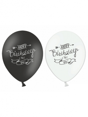 6 gab, Baloni Daudz laimes dzimšanas dienā, melni un balti, 30 cm