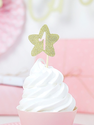6 pcs, Cupcake toppers 1st Birthday - Stars, gold, 10 cm