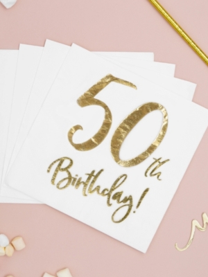 20 gab, Salvetes "50th Birthday", baltas ar zeltu, 33 x 33 cm