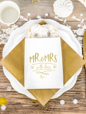 6 gab, Papīra maisiņi "Mr & Mrs", balti ar zeltu, 13 x 16.5 cm