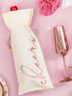 5 pcs, Wine cotton bag - Cheers, rose gold, 15.5 x 36 cm
