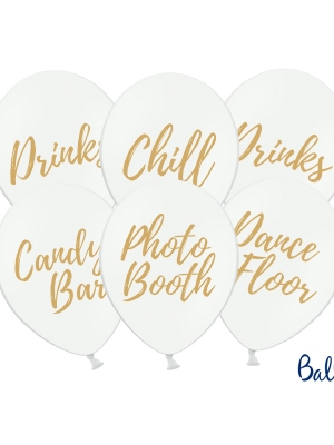 6 gab, Balti baloni ar zelta apdruku - Candy Bar, Chill, Dance Floor, Drinks, Photo Booth,, 30 cm