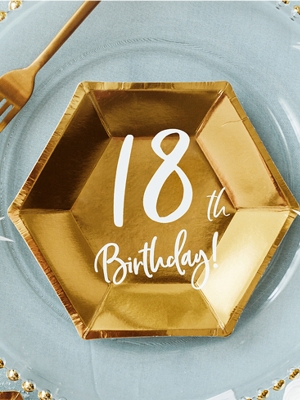 6 шт, Тарелки "18th Birthday!", золотые, 20 x 17 см