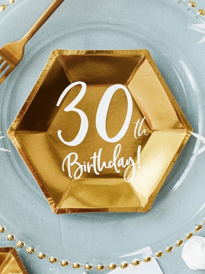 6 шт, Тарелки "30th Birthday!", золотые, 20 x 17 см