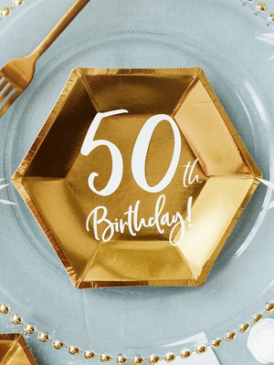 6 шт, Тарелки "50th Birthday!", золотые, 20 x 17 см
