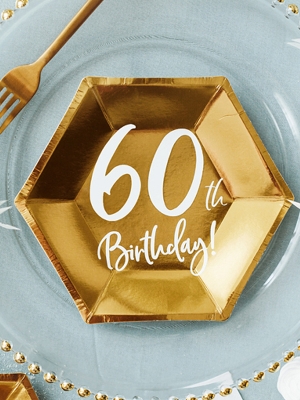 6 шт, Тарелки "60th Birthday!", золотые, 20 x 17 см
