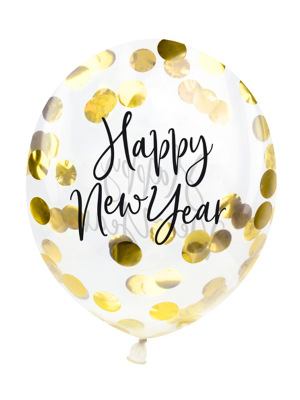 3 gab, caurspīdīgi baloni Happy New Year, ar zelta konfeti, 27 cm