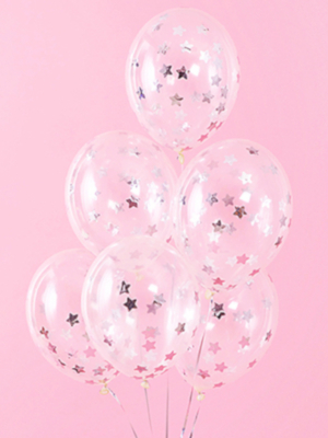 6 gab, Caurspīdīgi baloni ar konfeti zvaigznēm, sudrabs, 30 cm
