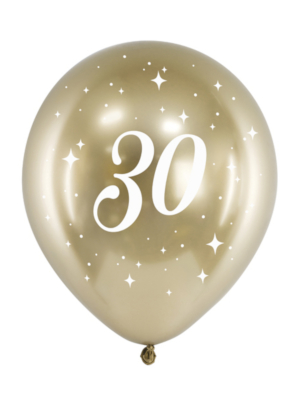 6 gab, Balons ar uzrakstu 30, zelta, 30 cm