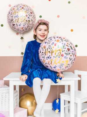 Folijas balons, Happy birthday, ar ziediem, 35 cm