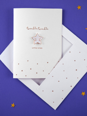 Kartiņa ar piespraudi zvaigzne - Twinkle, Twinkle, Little Star, balta, 10.5 x 14.8 cm