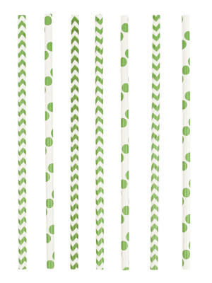 24 gab., Papīra salmiņi, zaļi punktiņi un ševrons, 19,7 cm