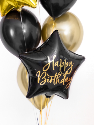 Folijas balons Zvaigzne "Happy Birthday", melns, 40 cm