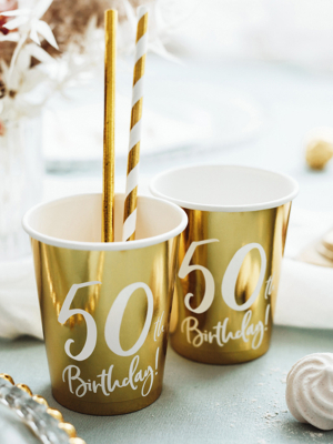 Paper cups 50th Birthday, gold, 220ml (1 pkt / 6 pc.)