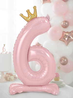 Folija balons ar statīvu 6, gaiši rozā ar zelta kroni,  84 cm