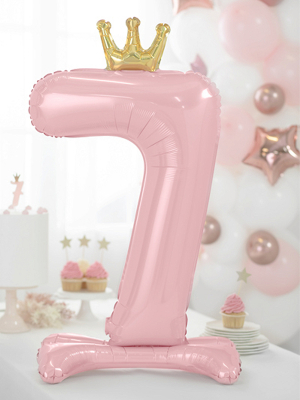 Folija balons ar statīvu 7, gaiši rozā ar zelta kroni,  84 cm