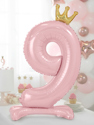 Folija balons ar statīvu 9, gaiši rozā ar zelta kroni,  84 cm