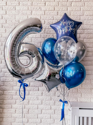 Hēlija balonu pušķis "zils+sudrabs+cipars"