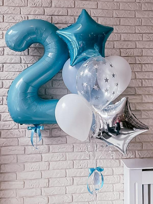 Hēlija balonu pušķis "gaiši zils+sudrabs+cipars"