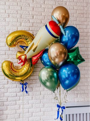 Hēlija balonu pušķis "Lidmašīna" ar ciparu