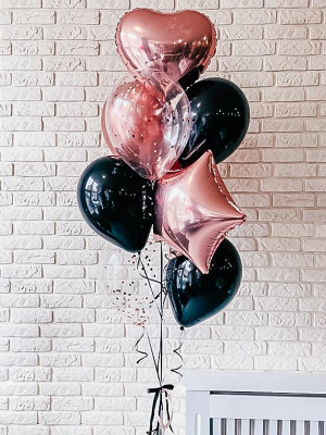 Hēlija balonu pušķis, rozā zelts + melns