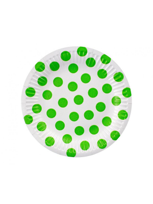 6 gab, Papīra šķīvji, balti ar zaļiem punktiņiem, 18 cm