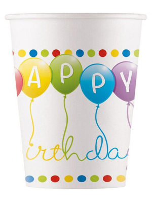 Paper cups Happy Birthday Streamers, 200ml, 8 pcs