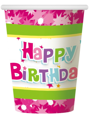 Papīra glāzes  "Happy Birthday " rozā, 270ml, 6 gab