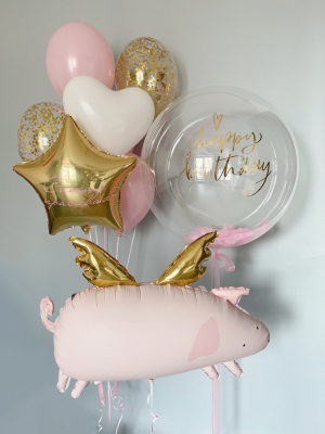 Burbuļbalons ar apdruku, hēlija balonu pušķi un cūciņu