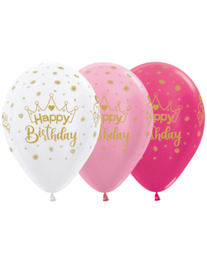 Lateksa balons, Happy Birthday, kroņu apdruka, 30 cm