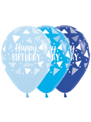 Lateksa balons, Happy birthday, zilu trijstūru apdruka, 30 cm