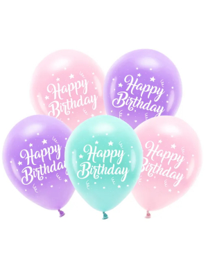 5 gab, Eko baloni, Happy Birthday, rozā, 26 cm