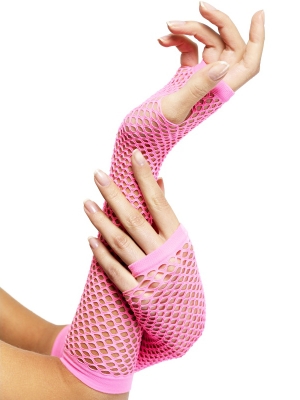 Fishnet gloves, fingerless, pink
